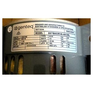 Genteq motor label 807B8GRVA-A02BL on Bonaire ImPress 880W EC motor SPS6071636SP